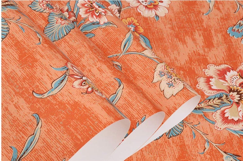 TAOGIFT Peel and Stick Vintage Floral Wallpaper Self Adhesive Non-Woven Flower Contact Paper Kitchen Bathroom Backsplash Wall Paper Mural Sticker (Orange, 20.86inx9.8ft) - Image 3